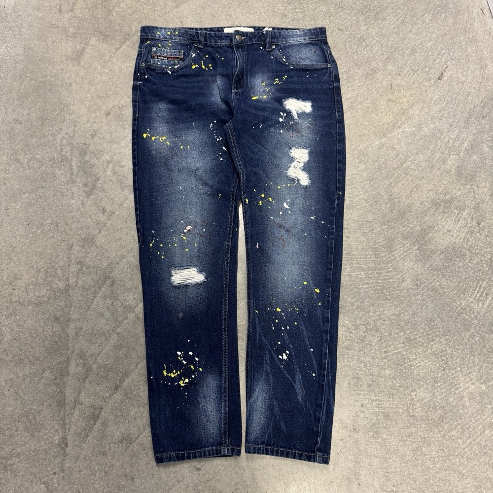 Men's Akademiks Jeans Slim Paint Splatter Distressed Dark Wash Grunge Y2K 38x32